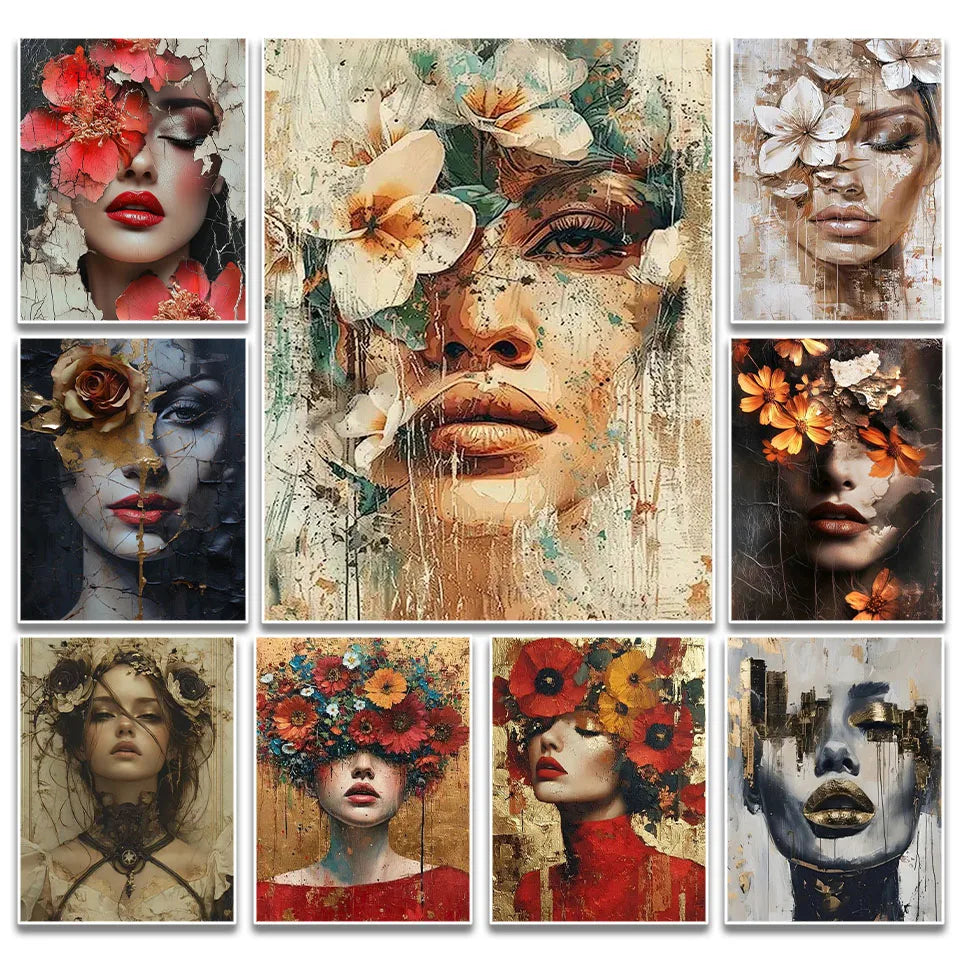 Diamond Art kit Vintage Abstract Woman with Flowers