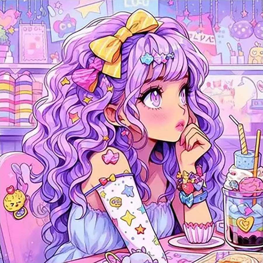 Kawaii Pastel Anime Diamond Painting kit, Purple Hair Sweet Lolita